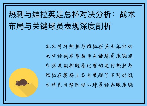 热刺与维拉英足总杯对决分析:战术布局与关键球员表现深度剖析 热刺与维拉英足总杯对决分析:战术布局与关键球员表现深度剖析